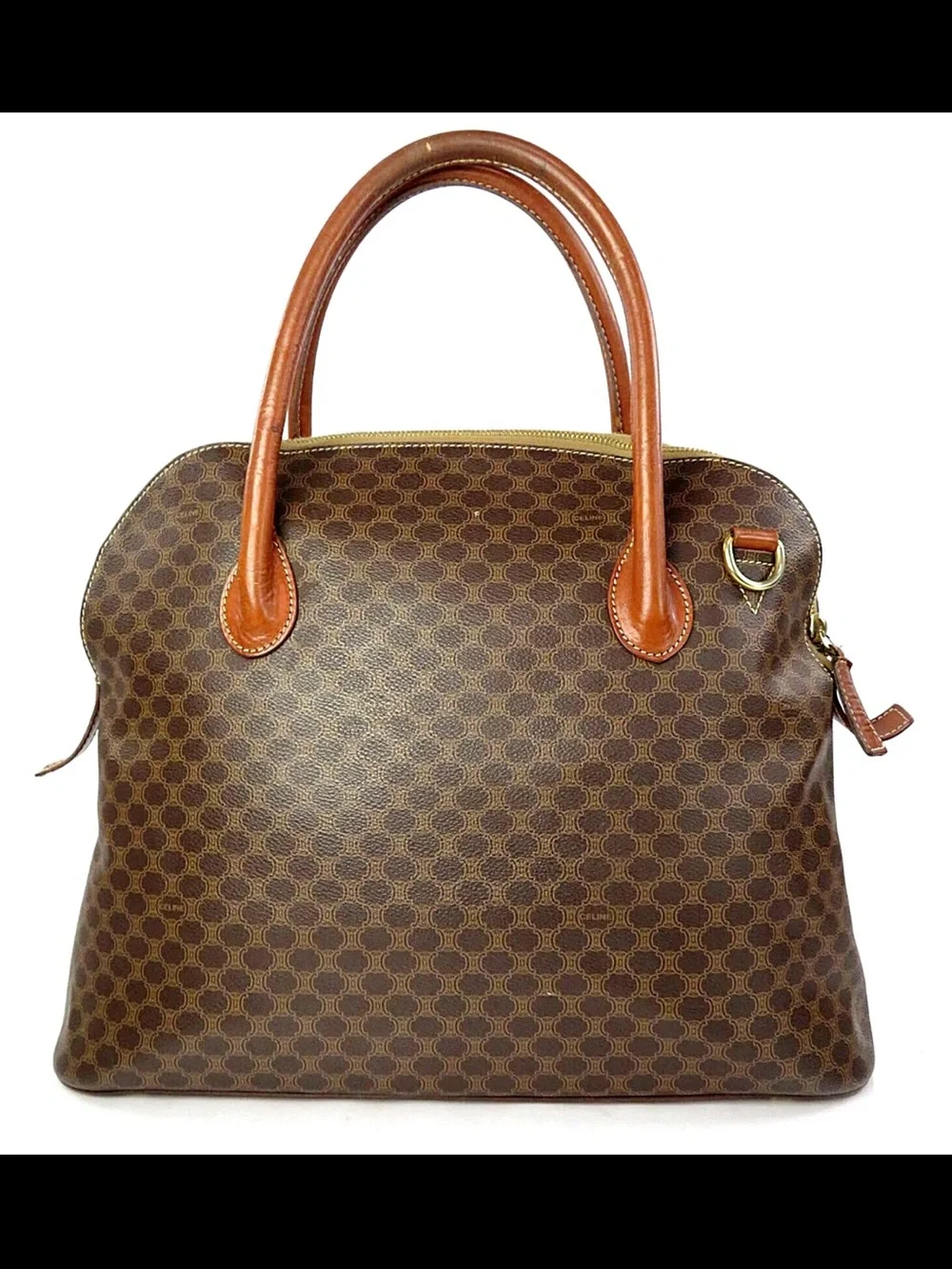 Celine Brown Patterned Dome Satchel with Tan Leather Handles